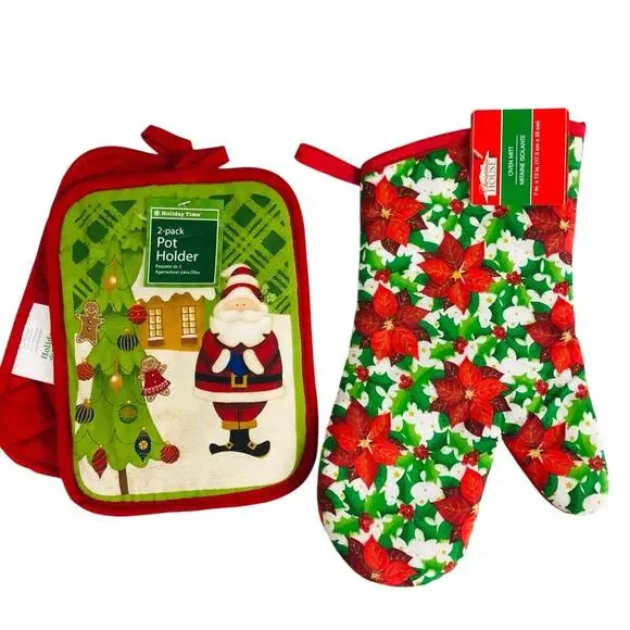 NWT Holiday Time Hot Pad Kitchen Set Christmas Design Santa Red Poinsettias - Picture 5 of 16